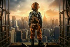 Industrial climber child boy skyscraper. Generate Ai photo