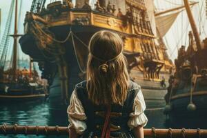 Pirate girl aboard pirate ship. Generate Ai photo