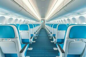 Empty aircraft blue interior light. Generate Ai photo