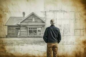 Architect house plan old man. Generate AI photo