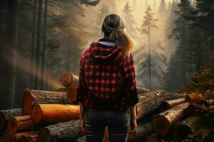 Lumberjack woman forest. Generate Ai photo