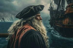 Pirate old senior aboard pirate ship. Generate Ai photo