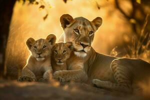 Lioness her cubs sunset. Generate Ai photo