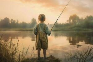 pescador niño niña pescar vara. generar ai foto