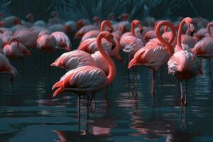 Pink flamingo group. Generate Ai photo