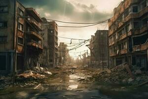 Post apocalyptic street city. Generate Ai photo