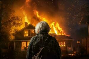 Firefighter old woman burning house. Generate Ai photo