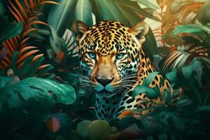 Tropical art leopard wild animal. Generate Ai photo
