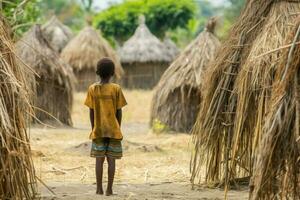 Native child boy thatched huts. Generate Ai photo