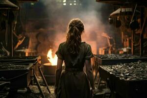Blacksmith woman flame forge. Generate Ai photo