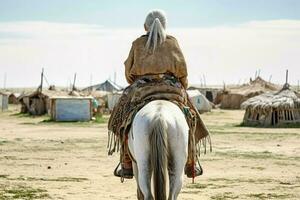 mongol antiguo antiguo mujer en caballo. generar ai foto