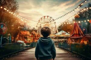 Child boy fun amusement park. Generate Ai photo