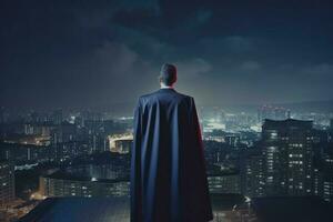 Businessman suit cape hero city. Generate Ai photo