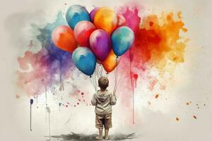 Child watercolors colorful balloons. Generate Ai photo