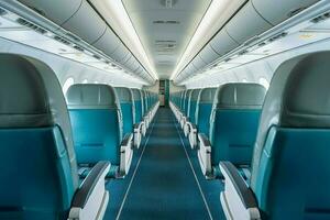 Empty aircraft blue interior. Generate Ai photo