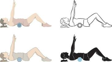 Woman Exercise with Foam Roller Set. vector