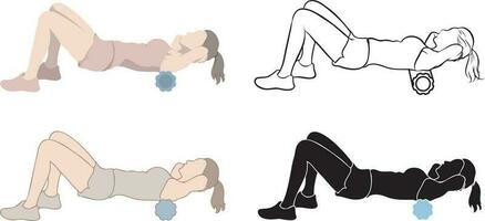 Woman Exercise with Foam Roller Set. vector