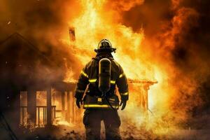 Firefighter man person burning house. Generate Ai photo