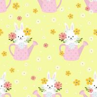 Cute white rabbit in a garden watering can with flowers. Easter print vector