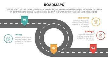 negocio hojas de ruta proceso marco de referencia infografía 3 etapas con circular infinito la carretera y ligero tema concepto para diapositiva presentación vector