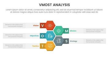 vmost analysis model framework infographic 5 point stage template with honeycomb vertical information concept for slide presentation vector