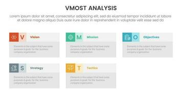 vmost analysis model framework infographic 5 point stage template with rectangle box information concept for slide presentation vector