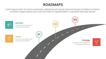 negocio hojas de ruta proceso marco de referencia infografía 3 etapas con largo autopista la carretera y ligero tema concepto para diapositiva presentación vector