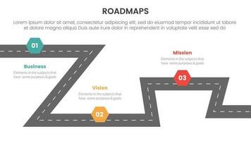 negocio hojas de ruta proceso marco de referencia infografía 3 etapas con serpenteado calzada y ligero tema concepto para diapositiva presentación vector