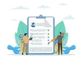 Survey Concept, Show people with quality test and satisfaction report, customer feedback, Suitable for landing page, UI, web, app intro card, editorial, flyer and banner, Flat Vector Illustration.