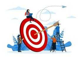 Reaching targets, achieving goals or success in business, teamwork in achieving targets or goals. aim to hit target bullseye concept, business team with arrows stuck on big target. vector