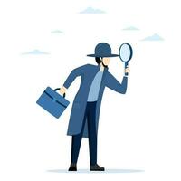 Search, find, report specialist analysis or investigation concept and research for insight information, curious male detective holding big magnifying glass and thinking about evidence and result. vector