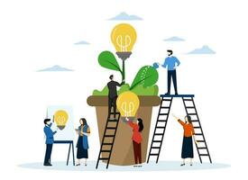 people planting potted plants, business team collaboration for the birth of creative ideas or solutions in business. business concept analysis. graphic design idea of project activity vector. vector