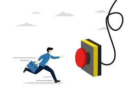 Push button call for emergency help, start new business or launch new company concept, take control or launch rocket, cautious businessman running in rush to push red emergency button. vector