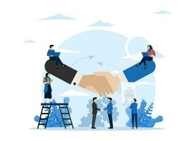 concept of cooperation in business or partnership, agreement of parties, Man Shaking Hands after Document Signing. Successful partnership, Investment, flat vector illustration.