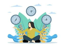 concept of meditation during working hours, rest, health benefits of body, mind and emotions, thought process, set mind and mental to work, flat vector illustration.