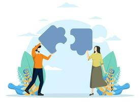 Partnership working together for success, teamwork or working together and overcoming challenges, friendship or connection to help solve problems, business partners and women connect jigsaw puzzles. vector