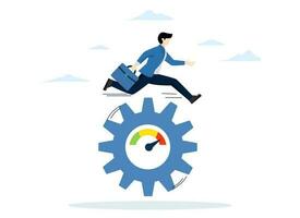 Work performance evaluation, ambition or motivation to grow in business concept, full efficiency or maximum productivity, ambitious businessman running full speed to spin cogwheel size cogwheel. vector