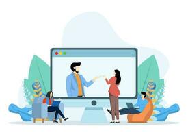 Video Conference Concept, Showing business group having remote virtual video conference meeting, Suitable for landing page, UI, web, app intro card, flyer and banner, Vector Illustration, flat.