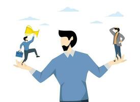 Social comparison anxiety, discouraged from failure, loser or self motivation problem concept, comparing yourself to others, man standing on his hands comparing other side to fellow winners. vector
