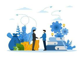 creative project financing. woman and man business handshake vector. successful team business porter. The investors held the money in the idea. Vector illustration on a white background.