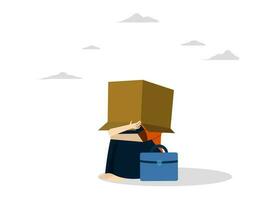 Business failure, bankruptcy or failed entrepreneur concept, work mistake or bad luck, depressed businesswoman sitting covering her head with box, ashamed because she can't face people or society. vector