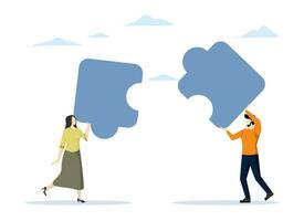 Partnership working together for success, teamwork or working together and overcoming challenges, friendship or connection to help solve problems, business partners and women connect jigsaw puzzles. vector