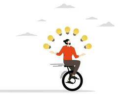 innovation or skills for success in business, Creativity and ideas, skilled businessman riding a tricycle juggling light bulbs metaphor many ideas. flat vector illustration on a white background.