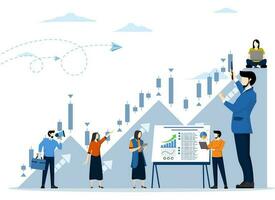 business team building growth chart and setting up big profits. stock market candlestick chart, rising motivation, way to achieve goals, flat vector illustration on a white background.