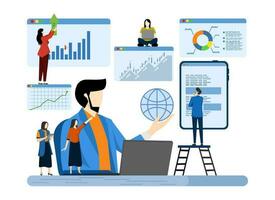 business, office worker studying infographics, scale evolution analysis, business big data analysis, global analytics, financial research reports, marketing statistics, scale evolution analysis. vector