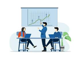 Office staff training. Increase sales and skills. Team thinking and brainstorming. Analyze sales charts and present them. Company information vector analysis, flat vector illustration.