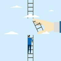 business support to reach career target or help to climb ladder success concept, helping hand, businessman climbing to top of broken ladder with big helping hand to connect to reach higher. vector