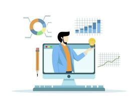 Business consultant, strategy and analysis concept, online presentation or conference call, advisor or expertise, smart businessman from computer laptop monitor giving some advice with analysis chart. vector