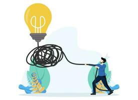 Simplify complex business idea, solution to messy mess situation concept, outline or solve business problem, smart businessman uncover messy business idea light bulb or simplification problem. vector