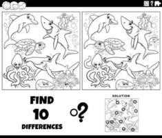 differences game with cartoon marine animals coloring page vector